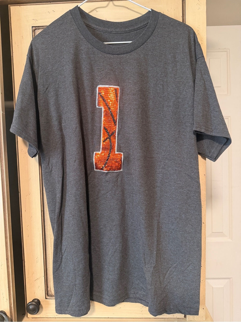Heather Gray Graphic T-Shirt with Orange Sequin '1' basketball
